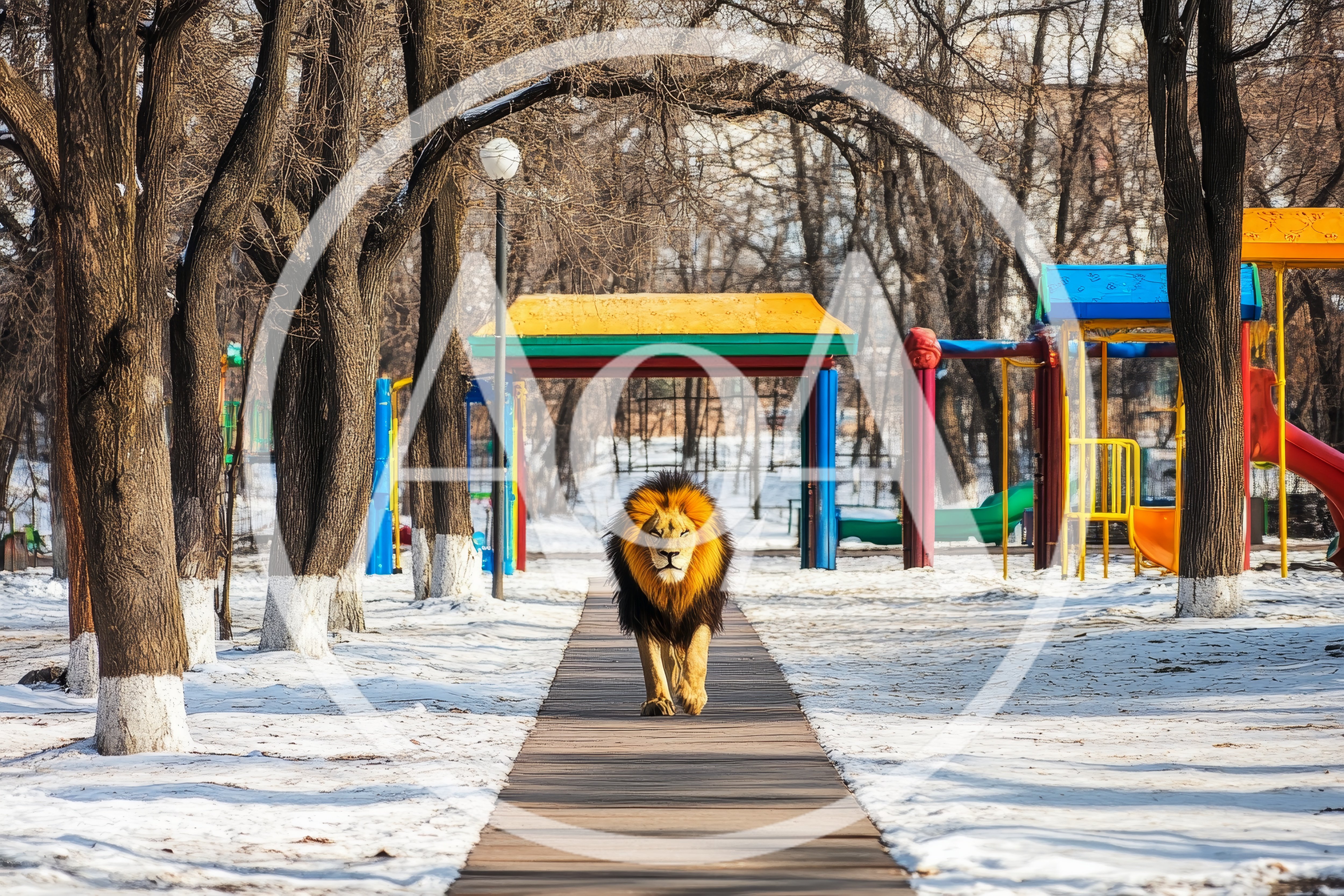 Majestic Lion Walking Through A Snowy Playground