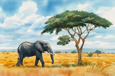 Watercolor Illustration of an African Elephant in the Savanna