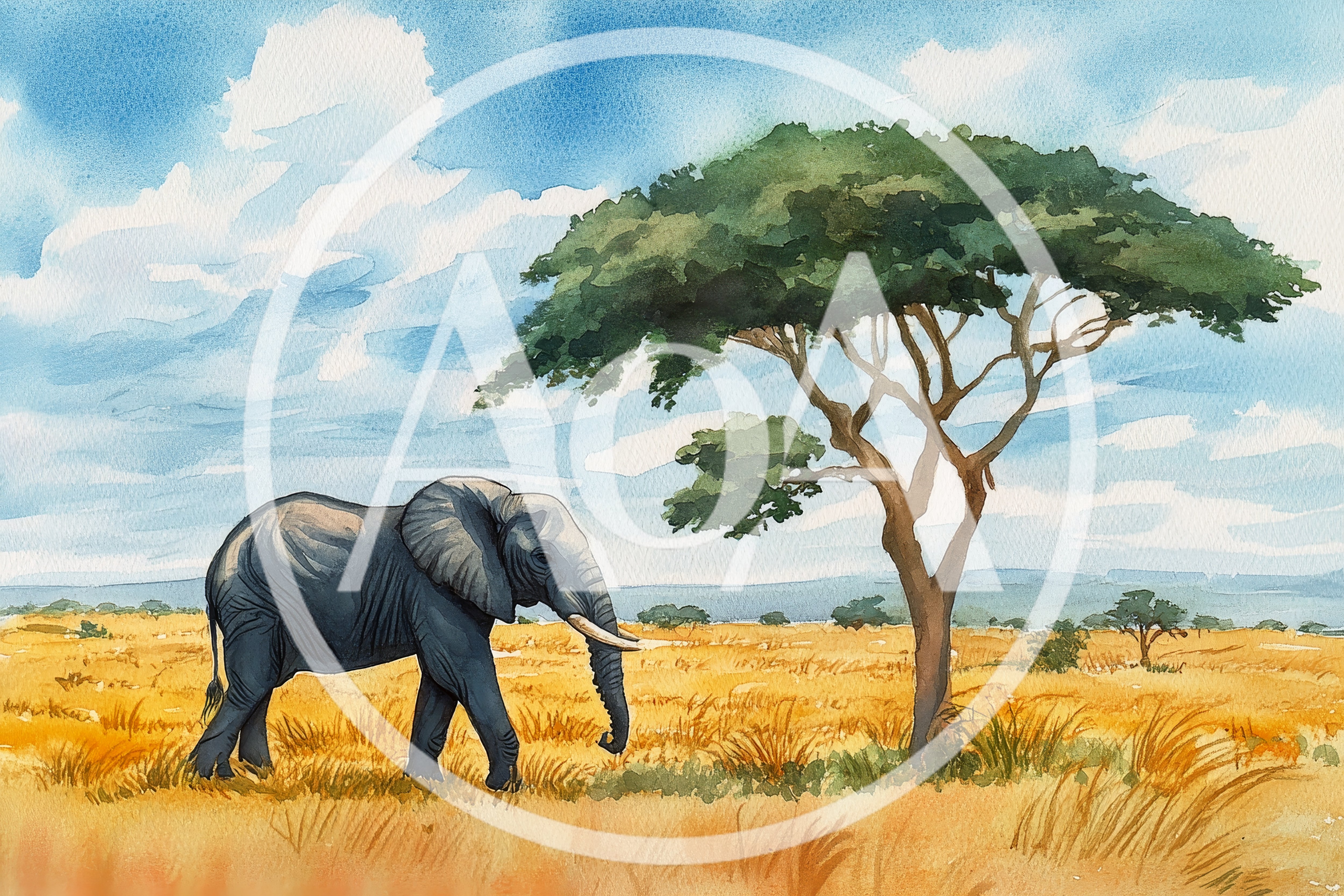 Watercolor Illustration of an African Elephant in the Savanna