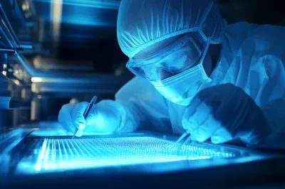 Scientist Examining Microchip Components In Laboratory