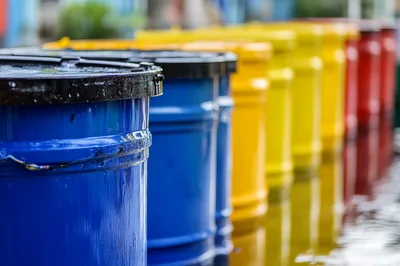 Row of Colorful Industrial Plastic Barrels