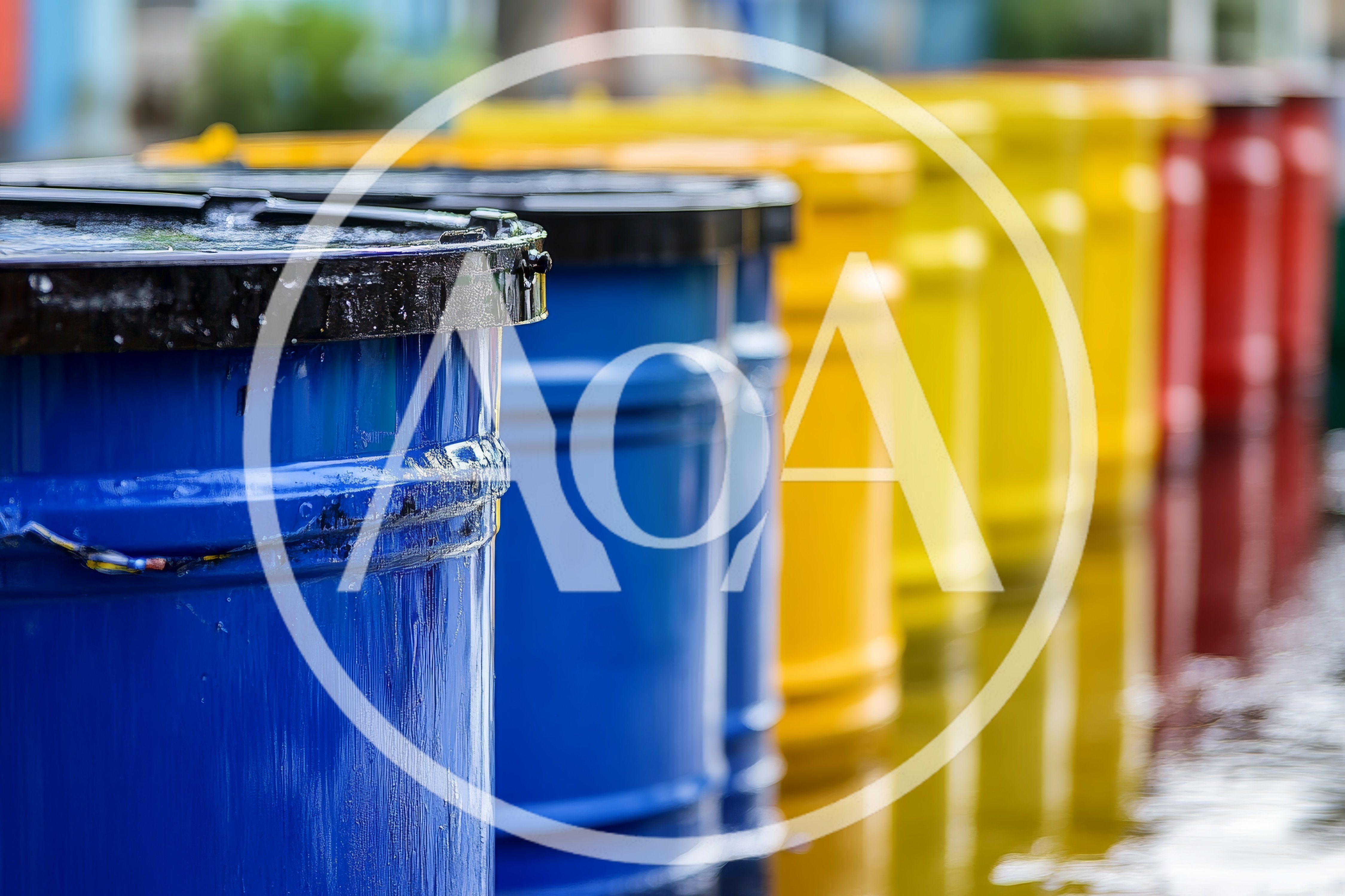 Row of Colorful Industrial Plastic Barrels