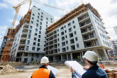 Construction Engineers Reviewing Blueprints At Building Site
