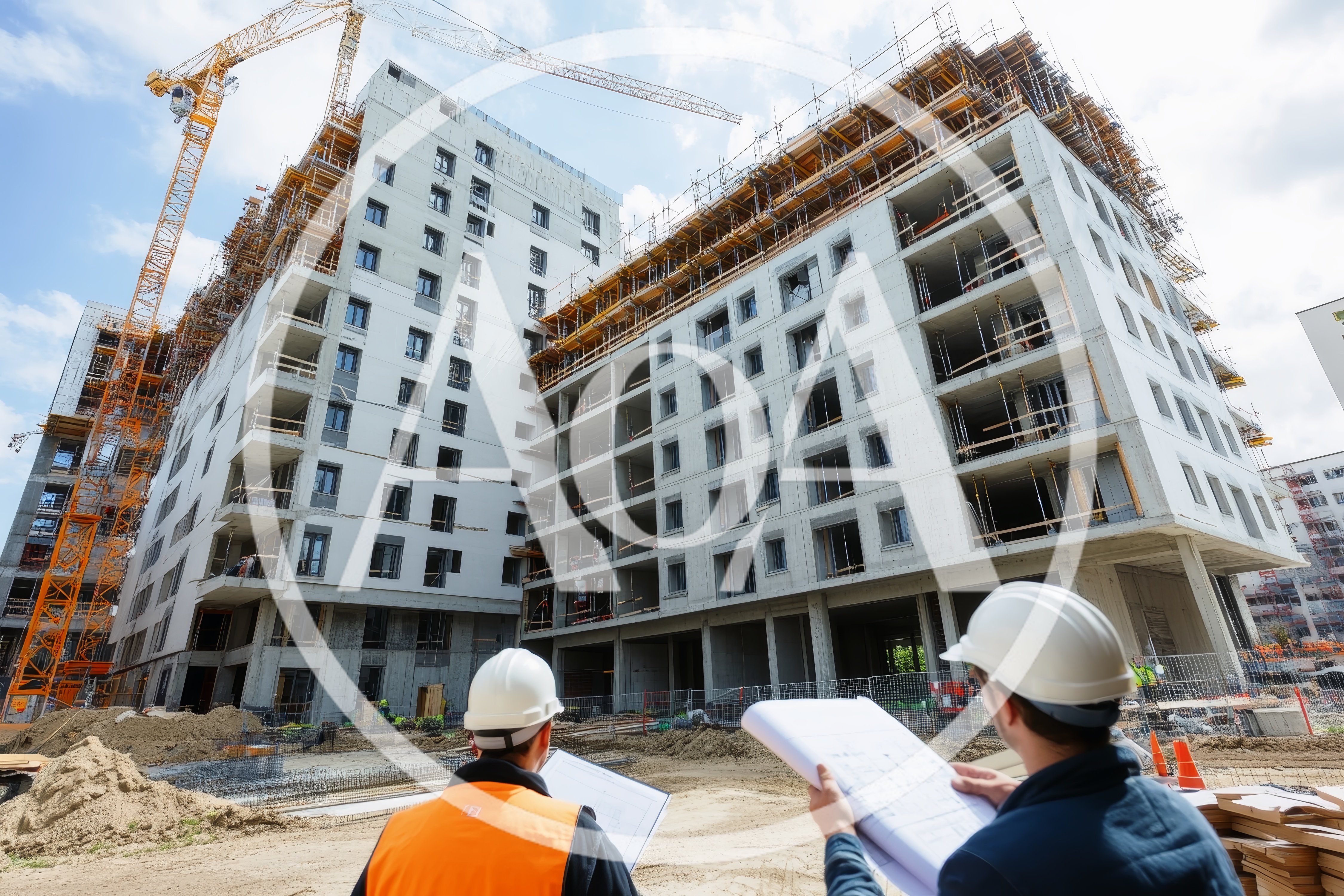 Construction Engineers Reviewing Blueprints At Building Site