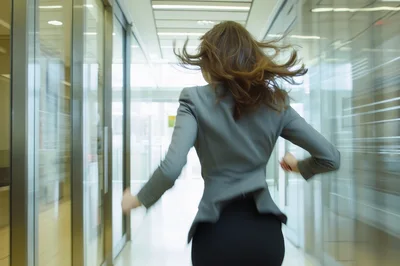 Businesswoman Running Through A Modern Office Corridor