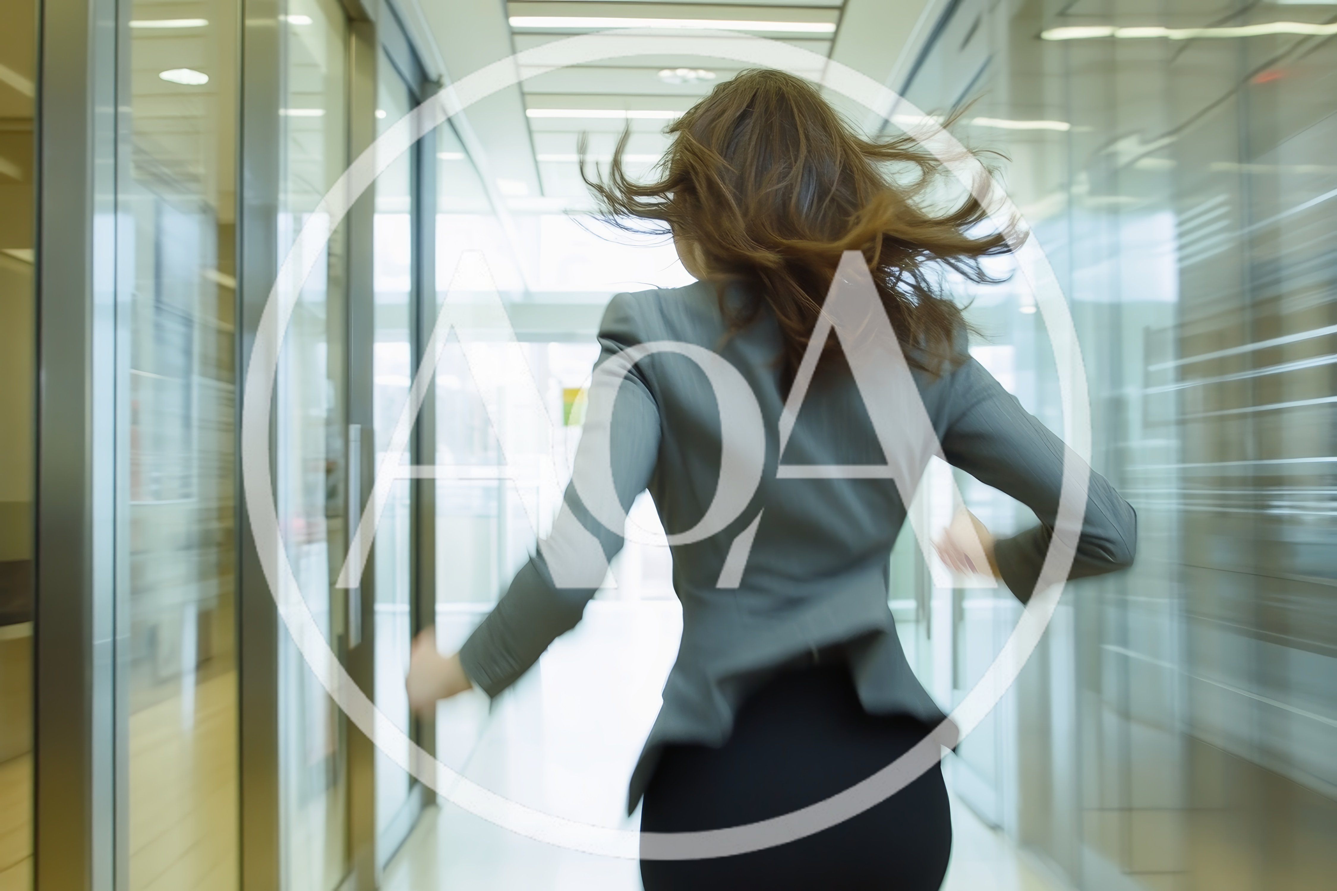 Businesswoman Running Through A Modern Office Corridor