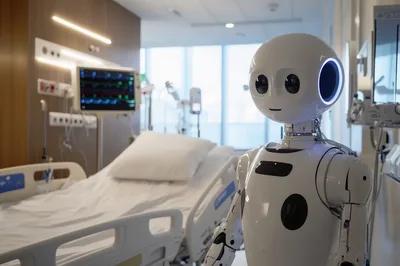 Humanoid Medical Robot Standing in Modern Hospital Room