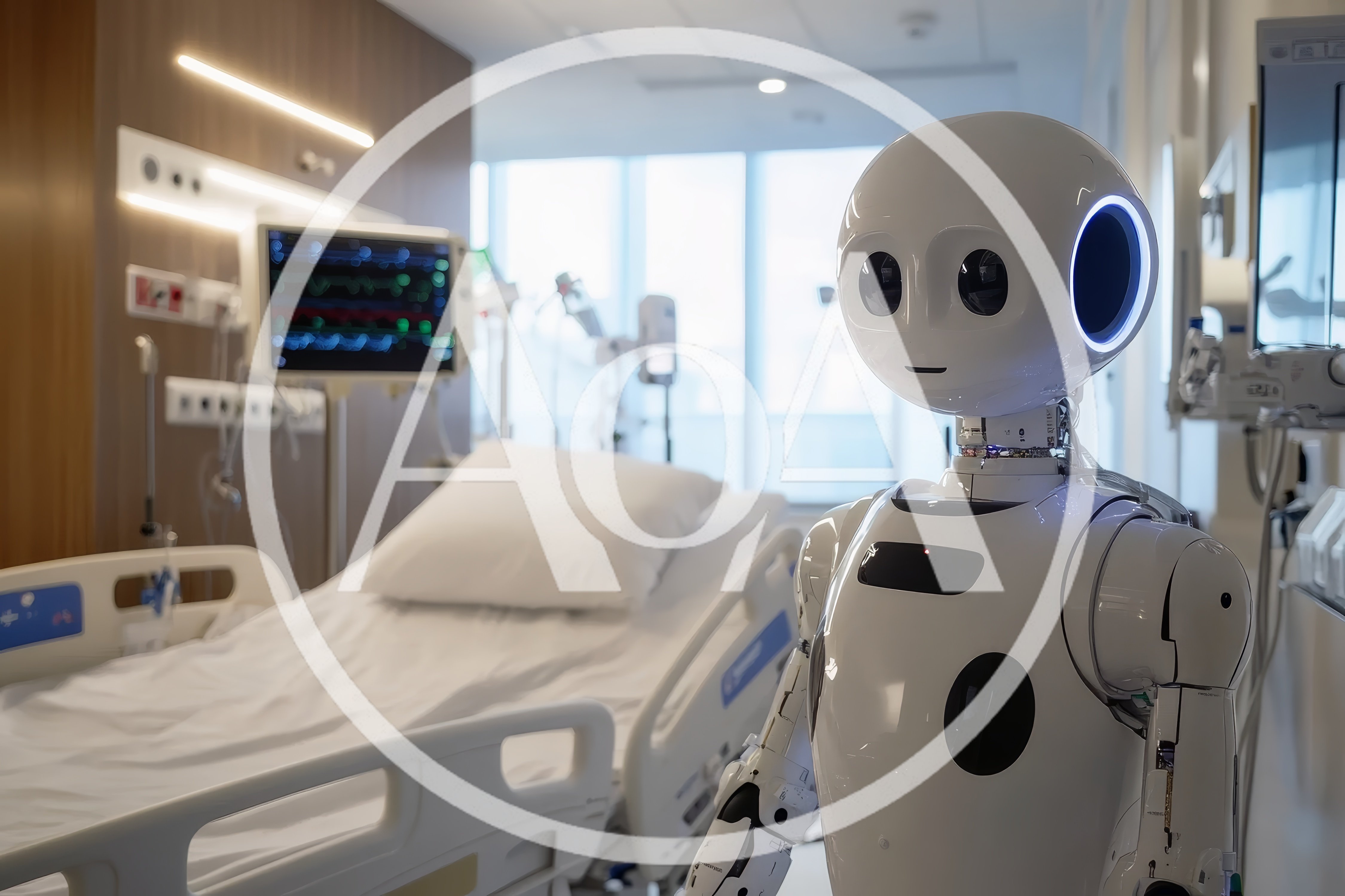 Humanoid Medical Robot Standing in Modern Hospital Room