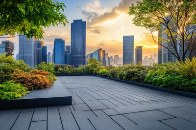 Modern Rooftop Terrace Overlooking City Skyline at Sunset