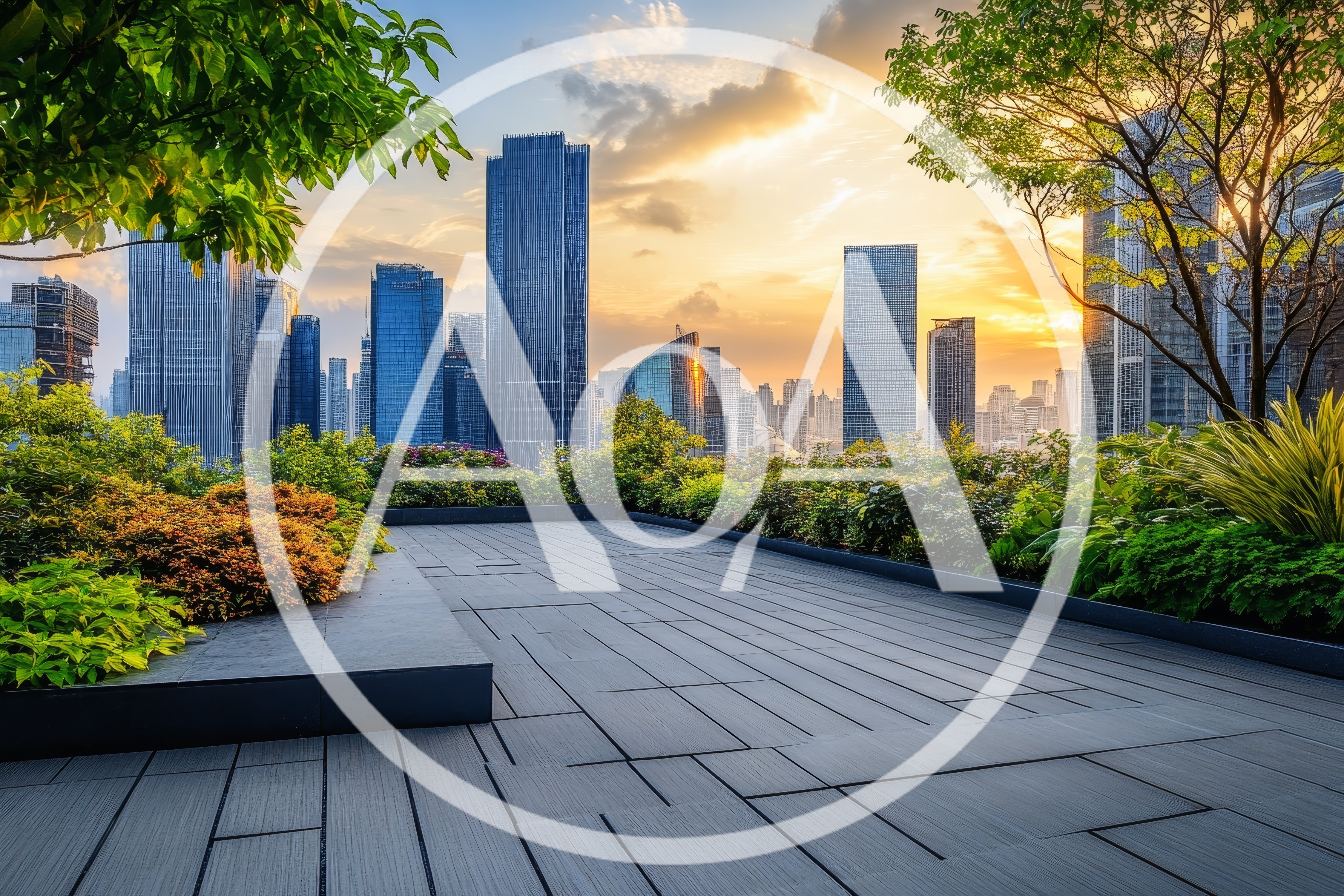 Modern Rooftop Terrace Overlooking City Skyline at Sunset
