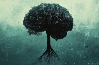 Surreal Silhouette Of A Tree Shaped Like A Human Brain