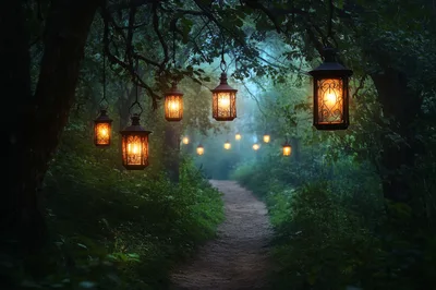 Glowing Lanterns Hanging Along A Misty Forest Path