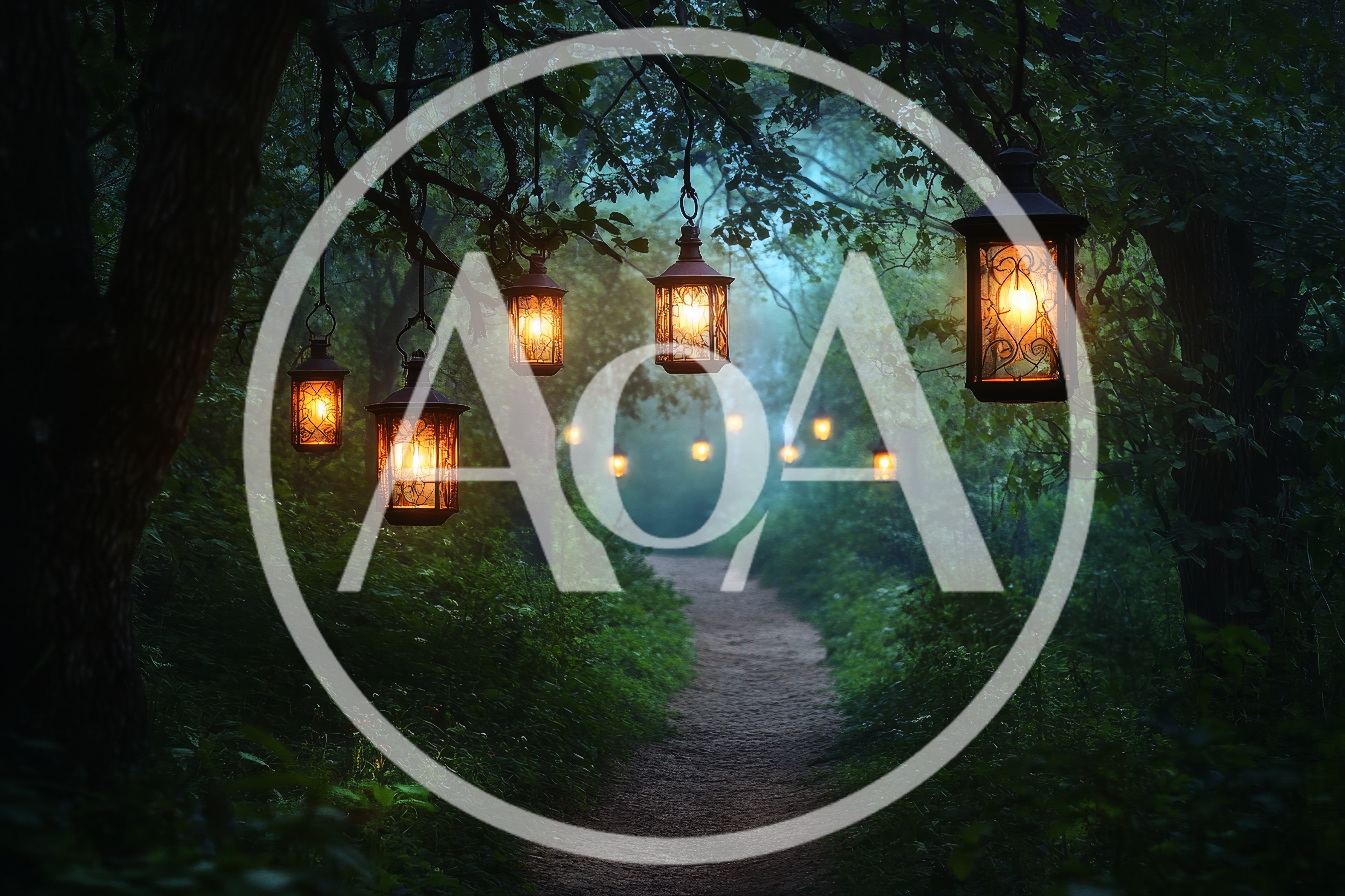 Glowing Lanterns Hanging Along A Misty Forest Path