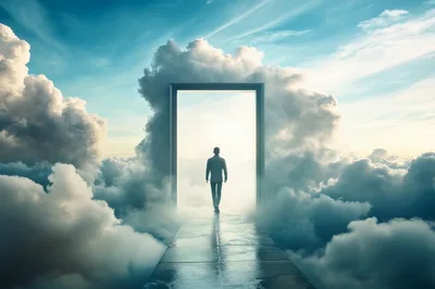 Man Walking Through A Portal Into The Clouds