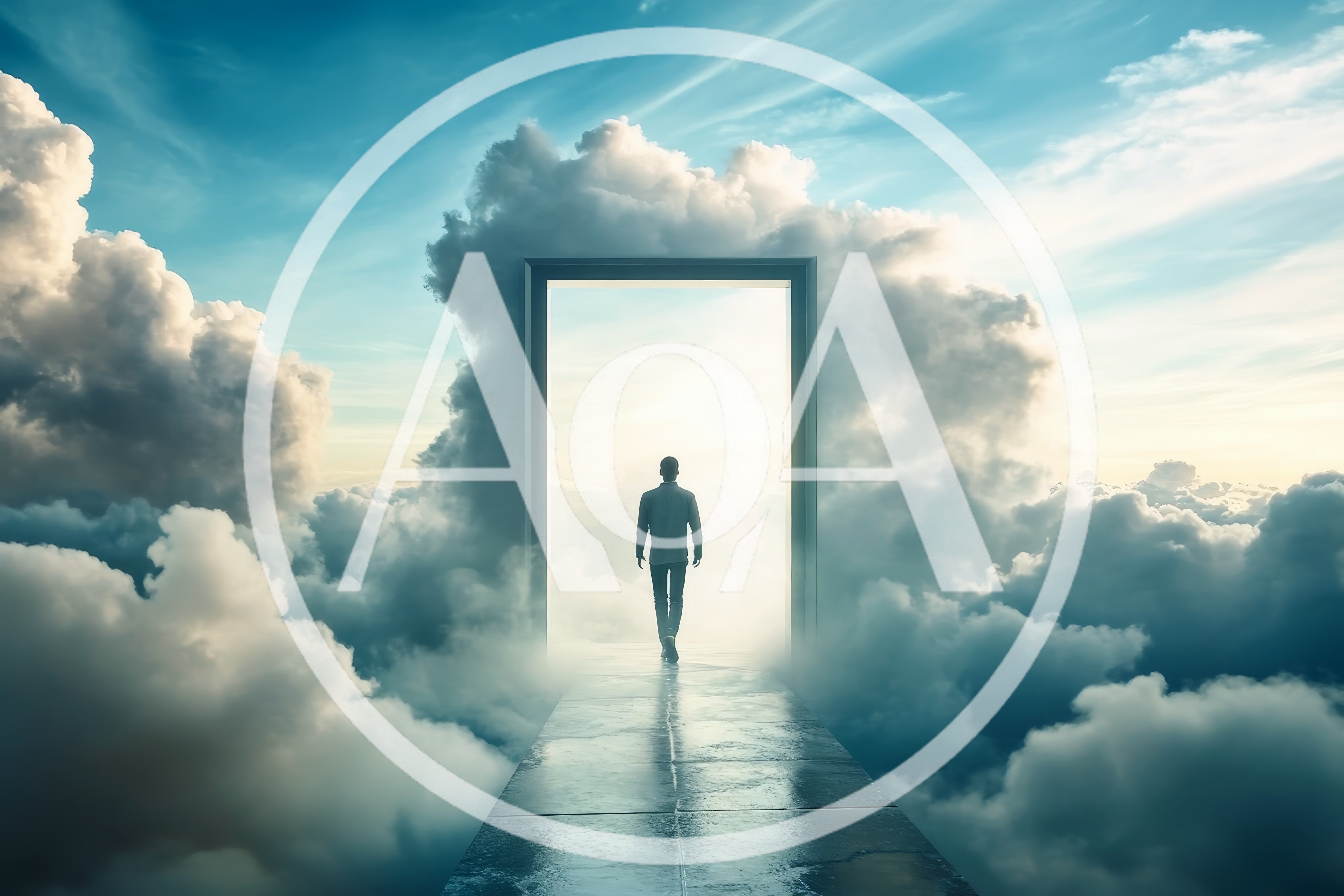 Man Walking Through A Portal Into The Clouds