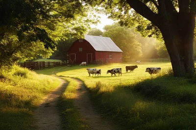 Cows Grazing Near A Red Barn At Sunset