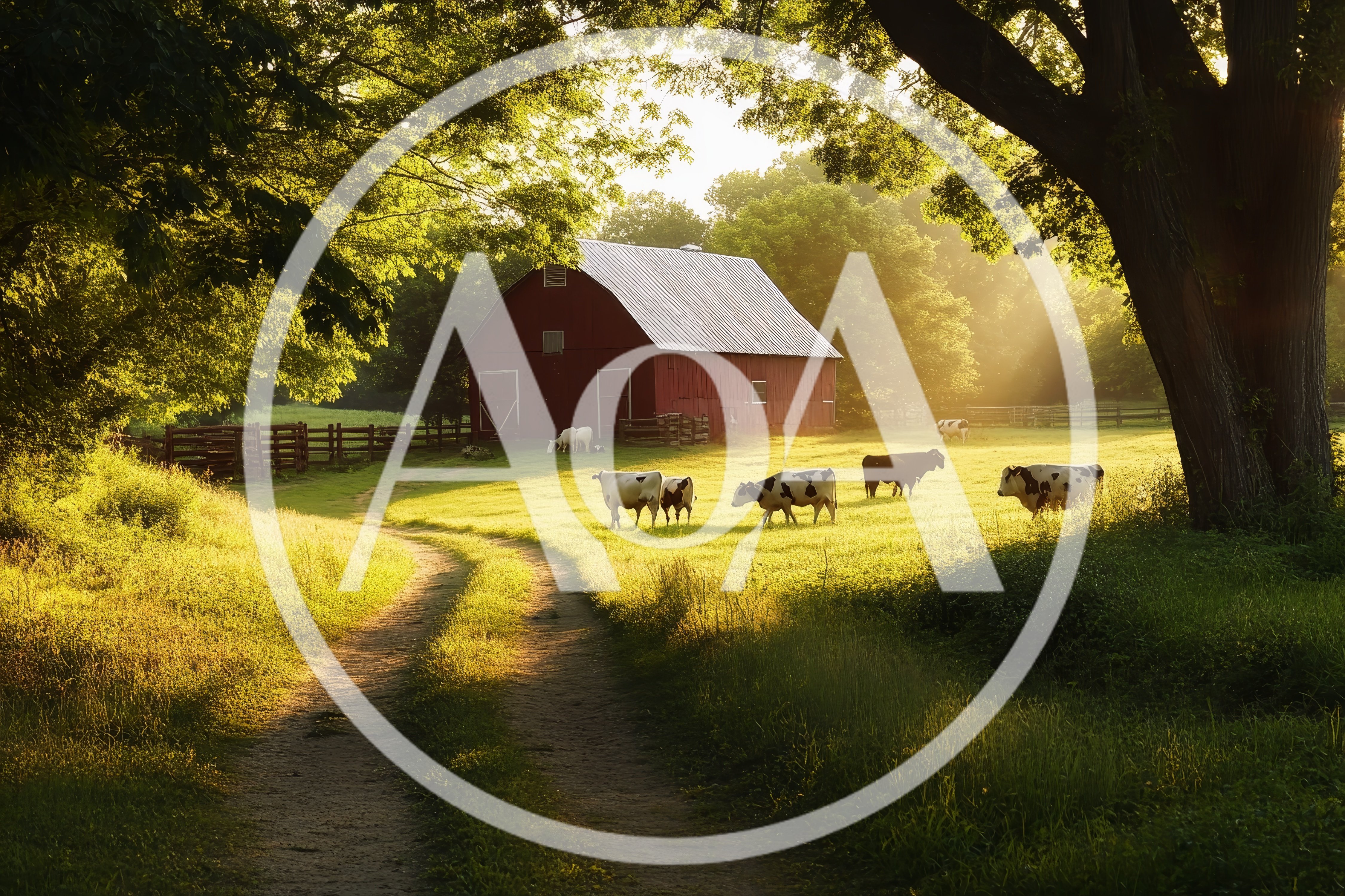Cows Grazing Near A Red Barn At Sunset