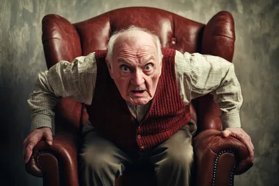 Elderly Man Leaning Forward In Leather Armchair