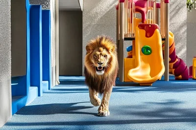 Majestic Male Lion Walking Through A Children Playground