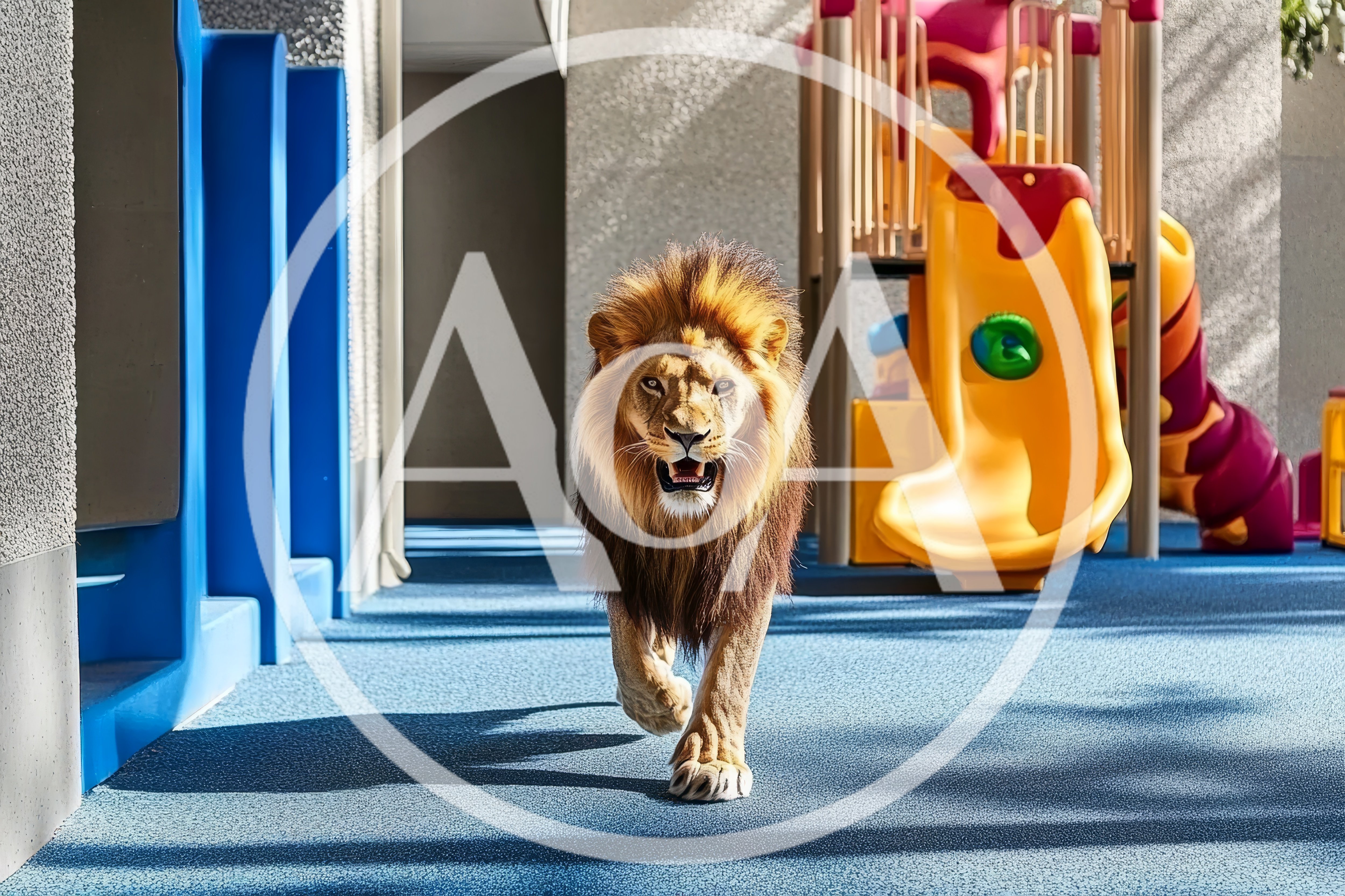 Majestic Male Lion Walking Through A Children Playground