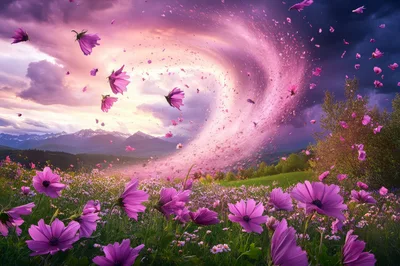 Surreal Landscape With Pink Flower Petal Vortex