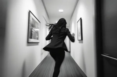 Businesswoman Running Down A Modern Office Hallway