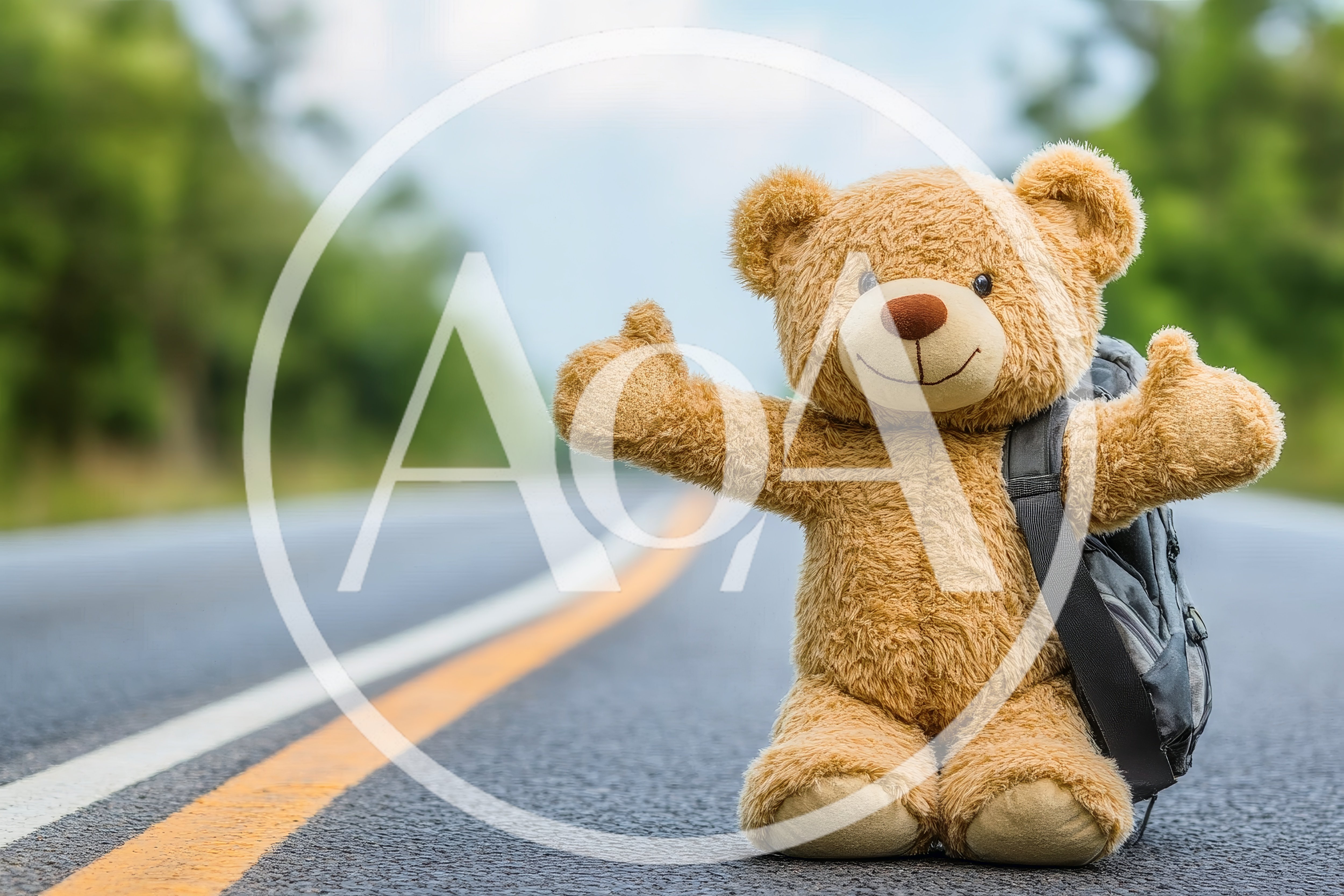 Teddy Bear Hitchhiking With Backpack On Country Road