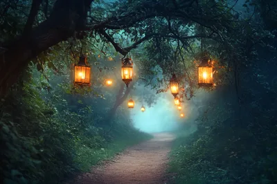 Glowing Lanterns Hanging Along A Misty Forest Path