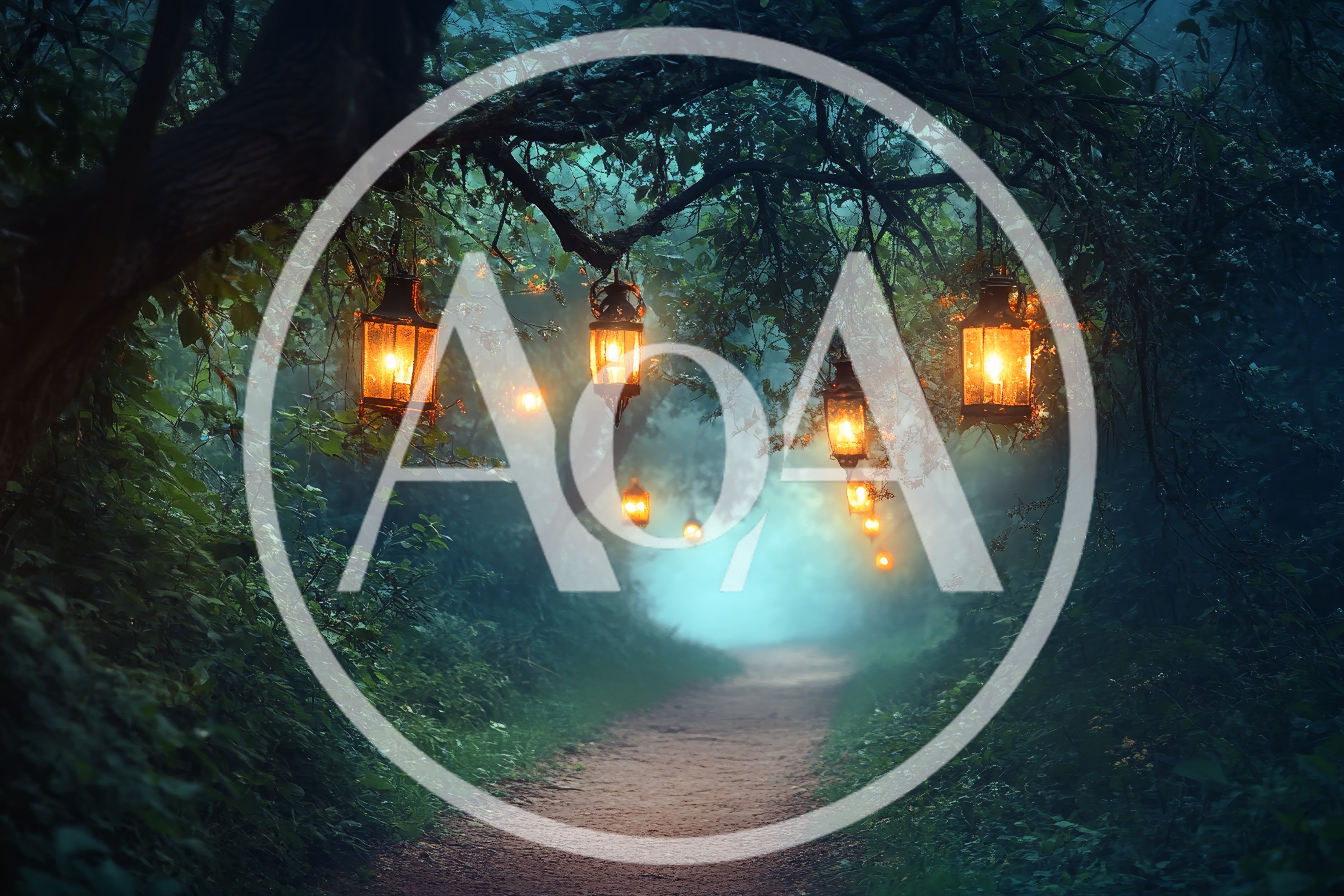 Glowing Lanterns Hanging Along A Misty Forest Path