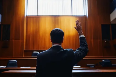 Man In Suit Raising Hand In Courtroom