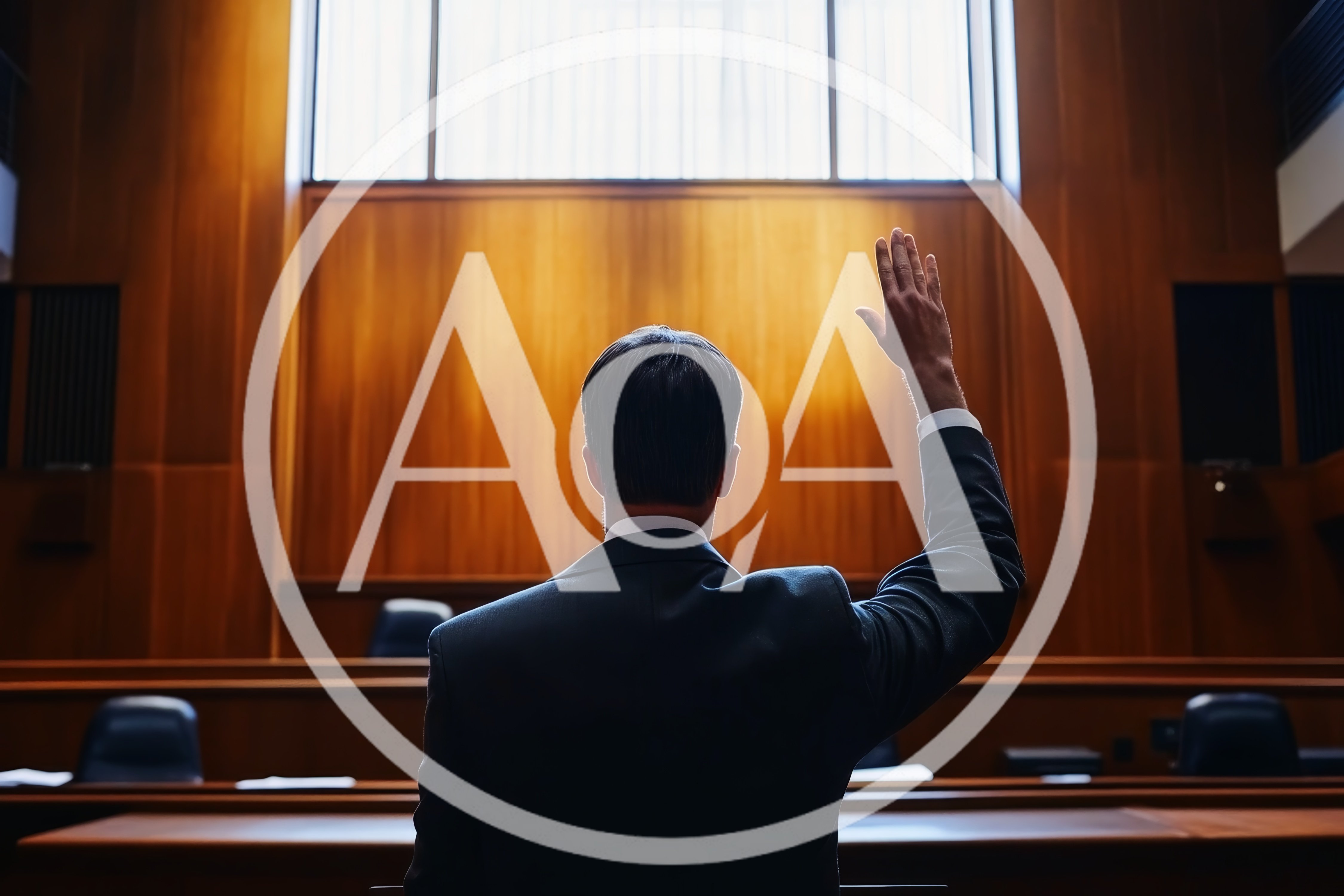 Man In Suit Raising Hand In Courtroom