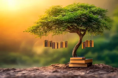 Surreal Tree With Hanging Books And Stacked Volumes