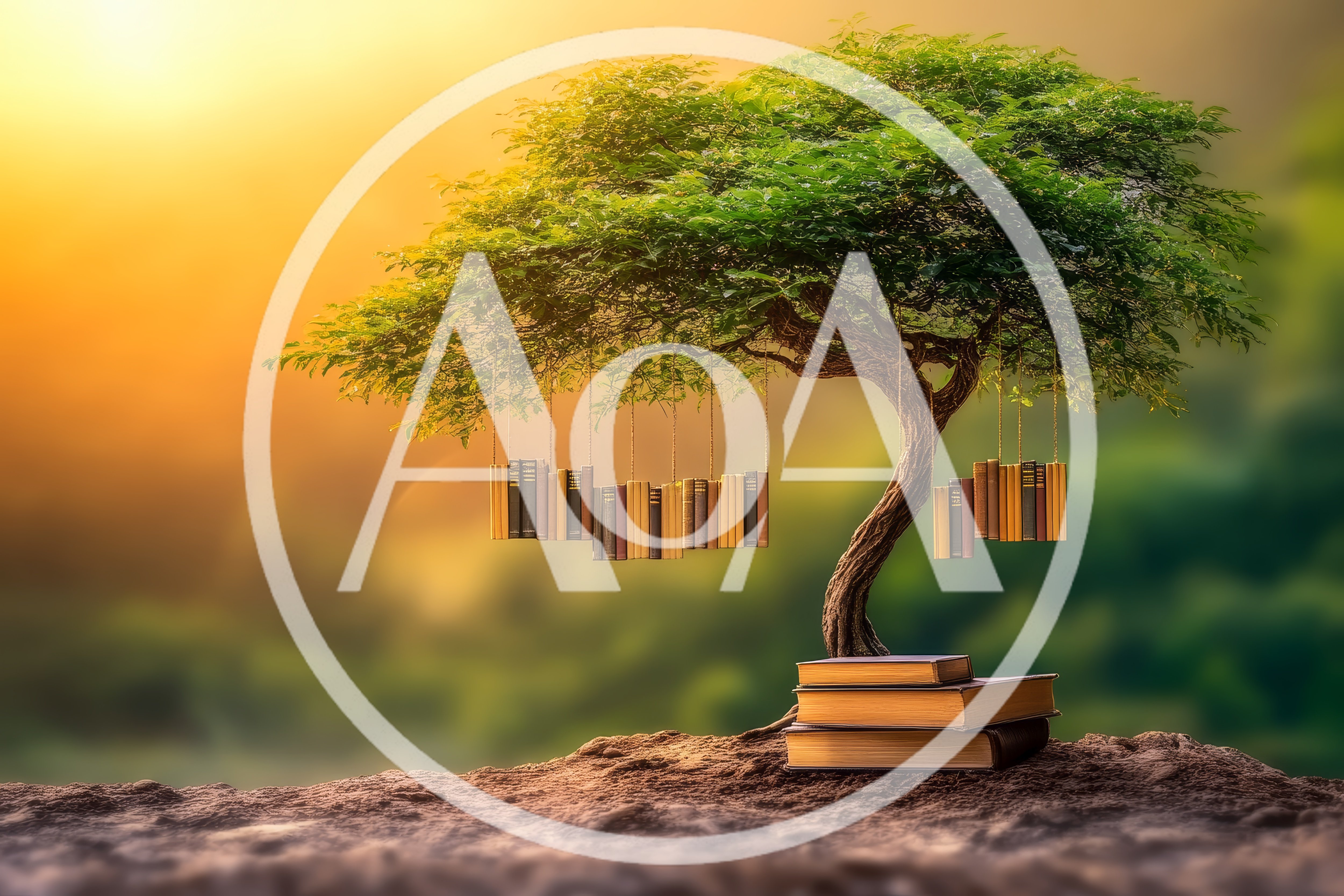 Surreal Tree With Hanging Books And Stacked Volumes
