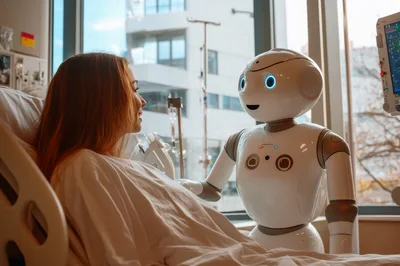 Humanoid Robot Interacting With Patient In Hospital Room