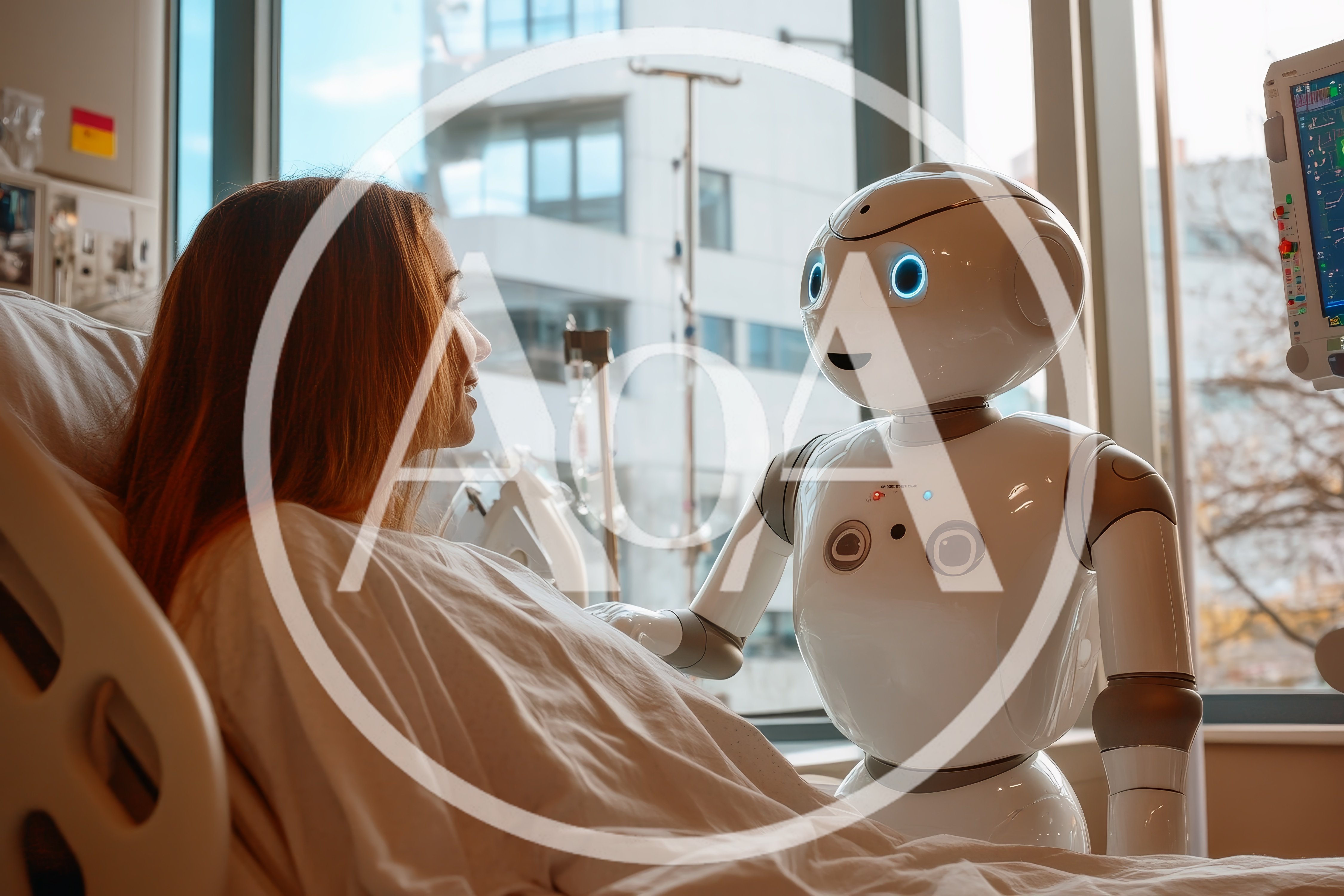 Humanoid Robot Interacting With Patient In Hospital Room