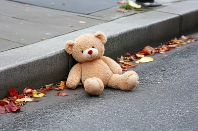 Lost Teddy Bear Sitting On Asphalt Curb