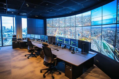 Modern Security Operations Center With Large Digital Wall