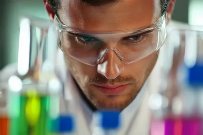 Male Scientist Examining Chemical Solutions In Laboratory
