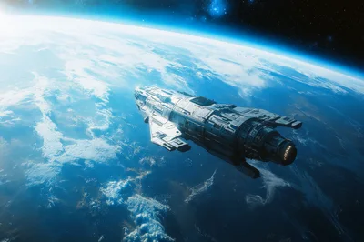 Futuristic Spaceship Orbiting Above A Blue Planet
