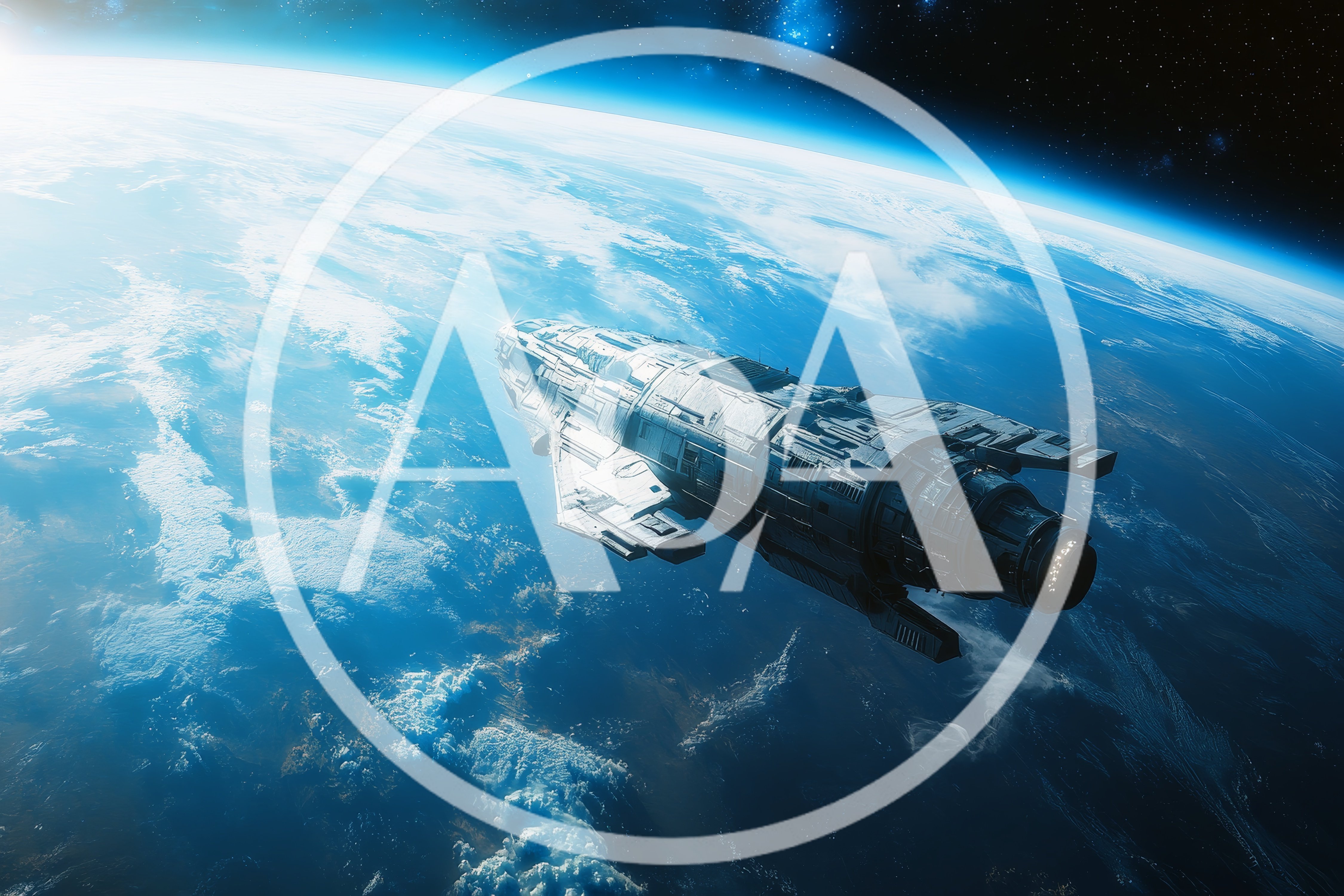 Futuristic Spaceship Orbiting Above A Blue Planet