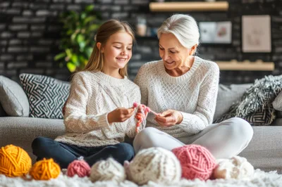Grandmother and Granddaughter Knitting Together at Home