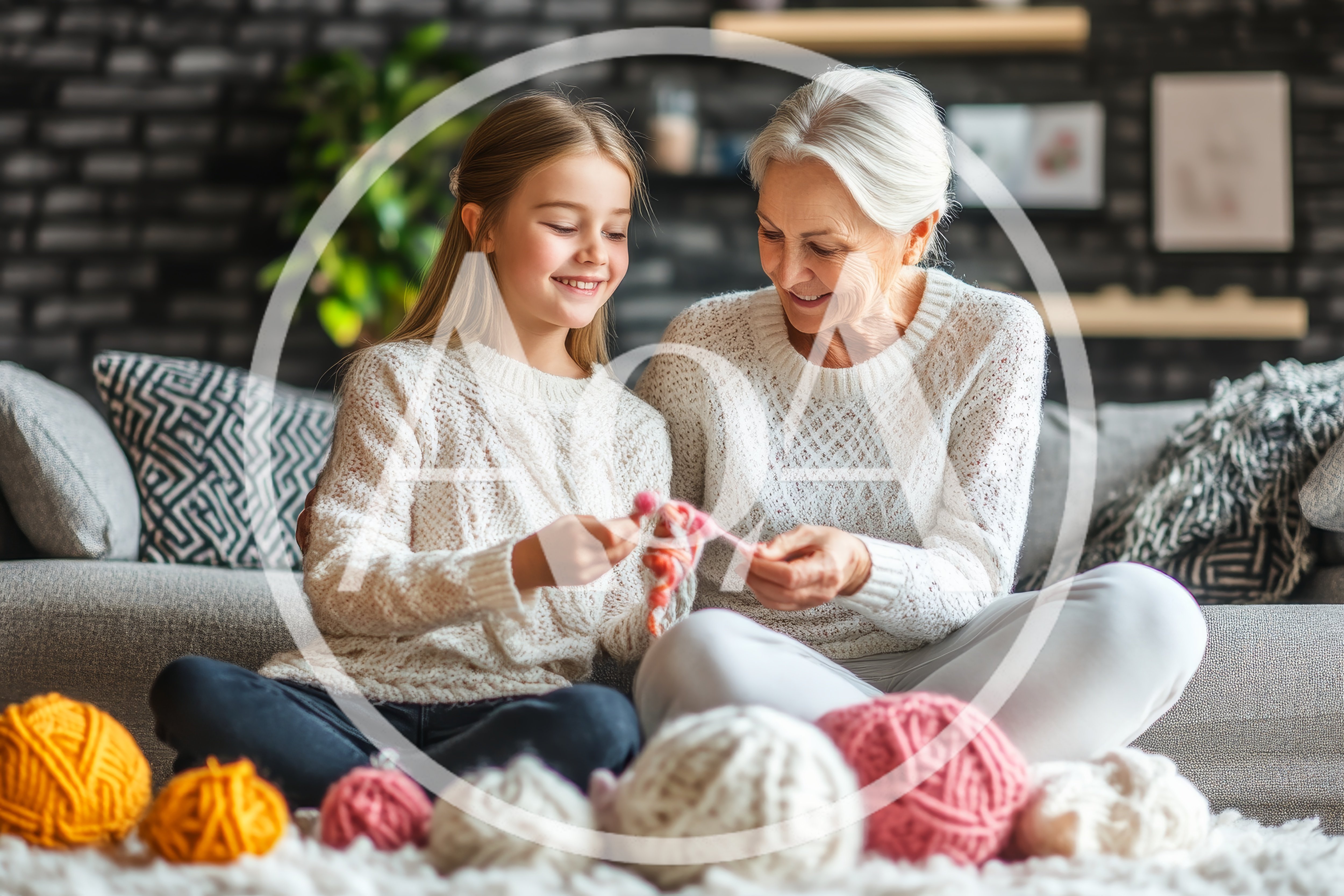 Grandmother and Granddaughter Knitting Together at Home