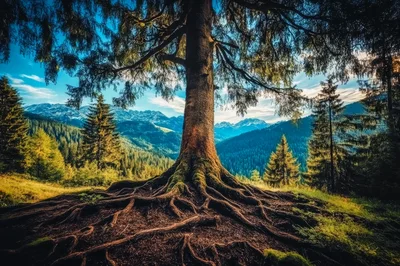 Majestic Ancient Conifer Tree With Exposed Roots In Mountains
