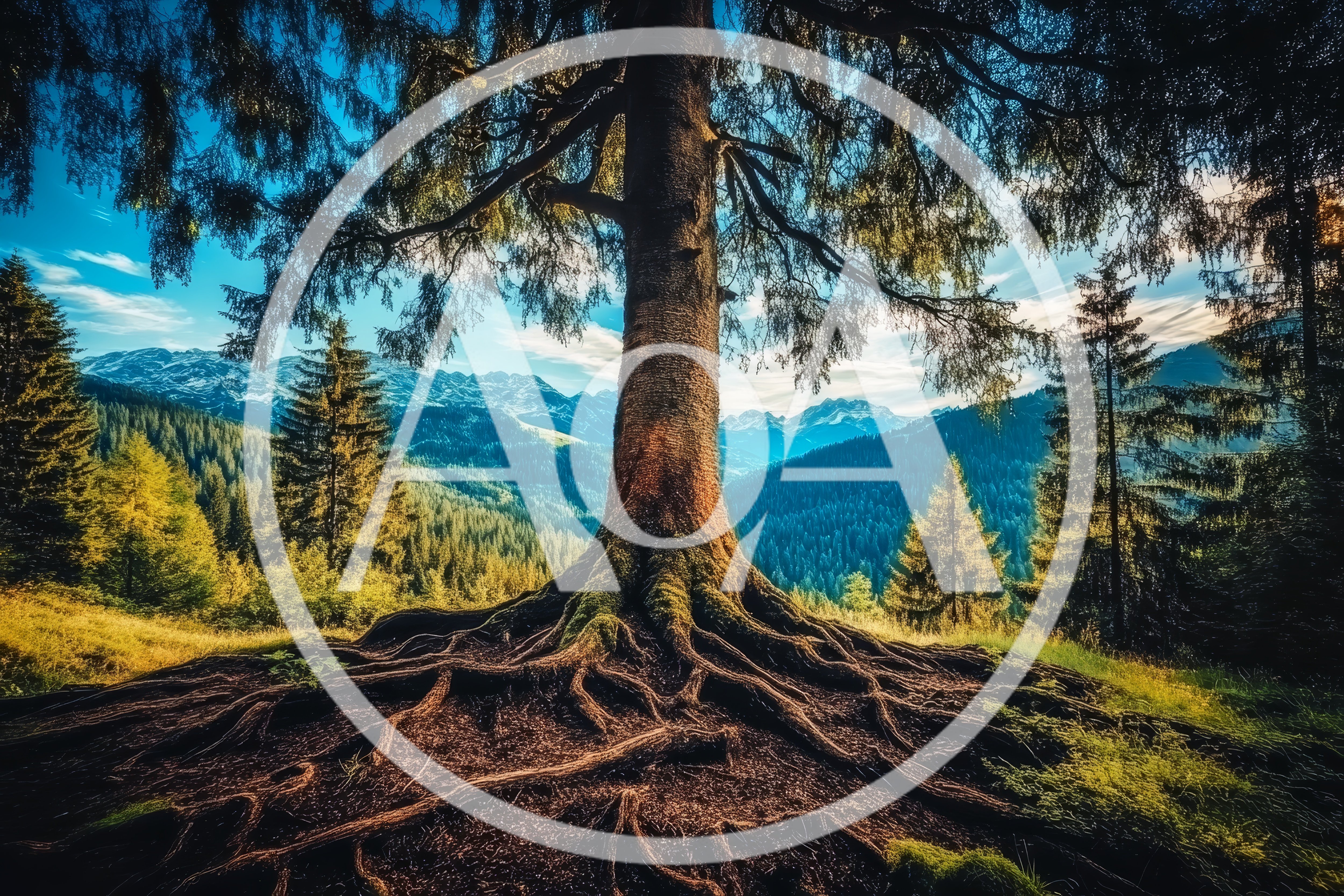 Majestic Ancient Conifer Tree With Exposed Roots In Mountains