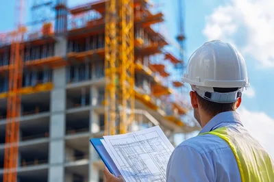 Construction Engineer Reviewing Blueprints At Building Site