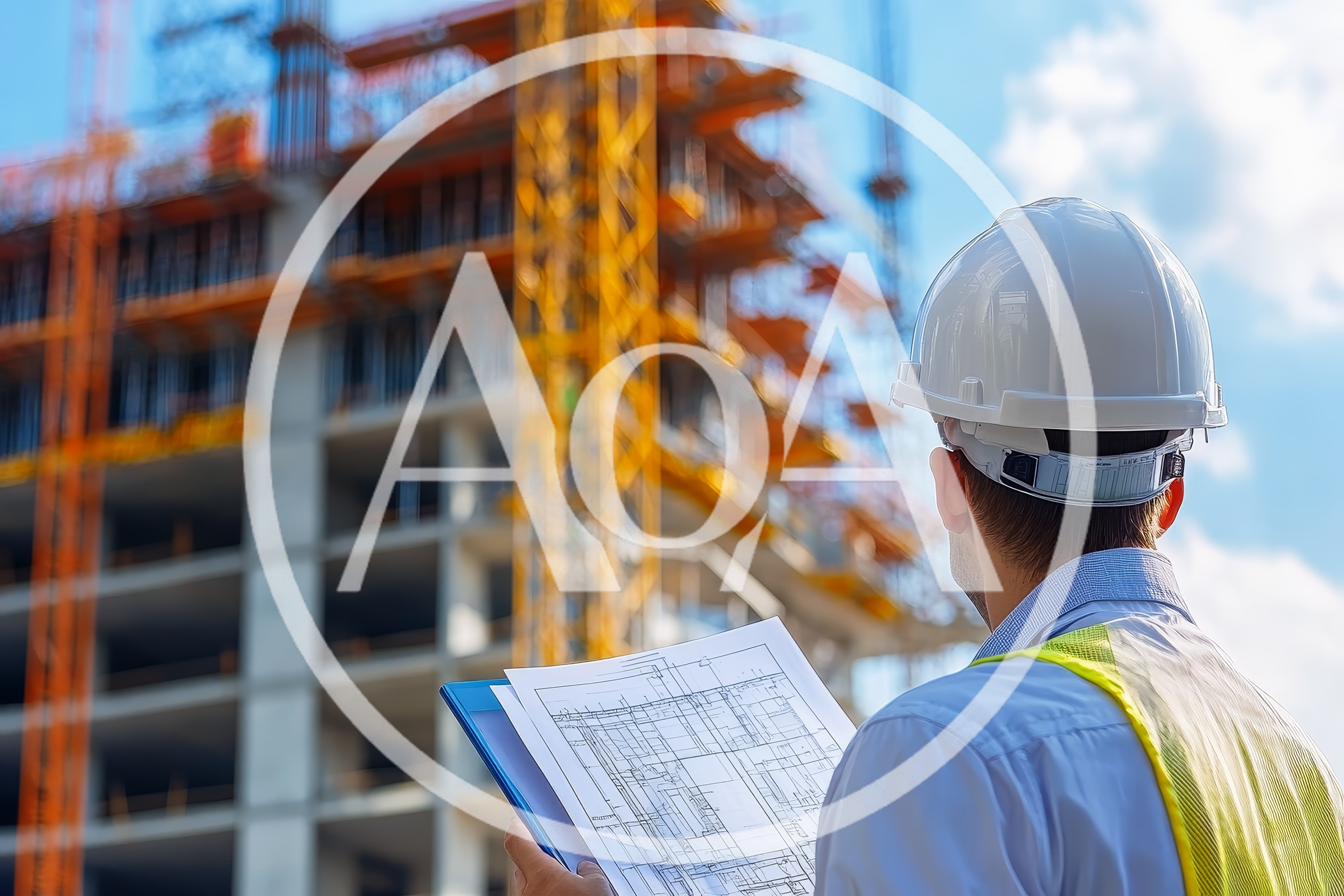 Construction Engineer Reviewing Blueprints At Building Site