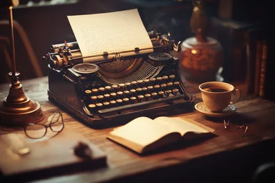 Vintage Typewriter With Paper On A Wooden Desk