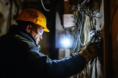 Electrician Working On Complex Wiring In Dimly Lit Room