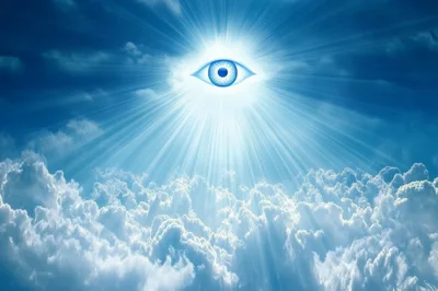 Divine Eye Radiating Light Above Clouds