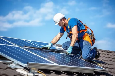 Professional Technician Installing Solar Panels On Residential Roof